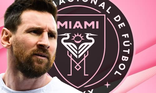 Lionel Messi and the Inter Miami badge, set against an abstract light pink background