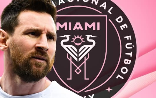 Lionel Messi and the Inter Miami badge, set against an abstract light pink background