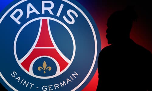 A silhouette of Wilfried Zaha next to the PSG badge, set against a red and blue abstract background
