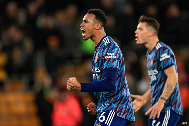Gabriel (left) celebrates scoring for Arsenal