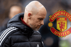 Erik ten Hag next to the Manchester United badge