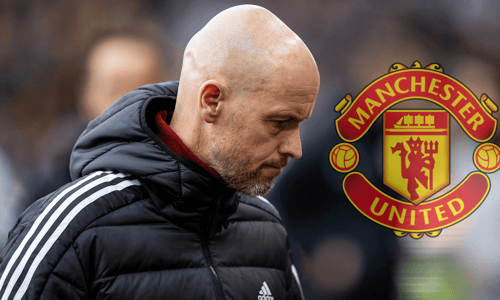 Erik ten Hag next to the Manchester United badge