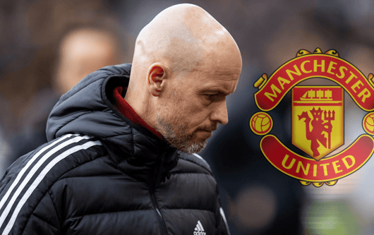 Erik ten Hag next to the Manchester United badge