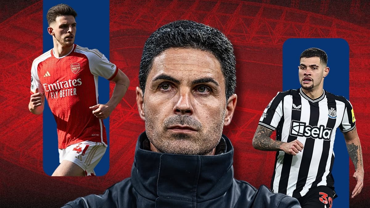 Mikel Arteta, Declan Rice, Bruno Guimaraes, Arsenal, 2023/24