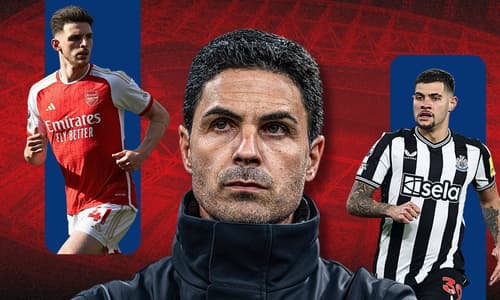 Mikel Arteta, Declan Rice, Bruno Guimaraes, Arsenal, 2023/24
