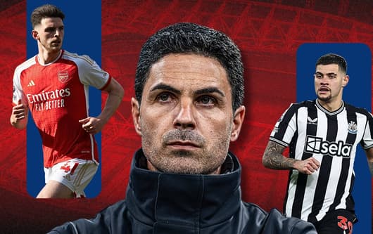 Mikel Arteta, Declan Rice, Bruno Guimaraes, Arsenal, 2023/24