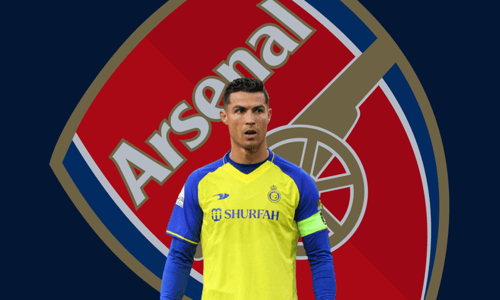 Cristiano Ronaldo in front of the Arsenal badge