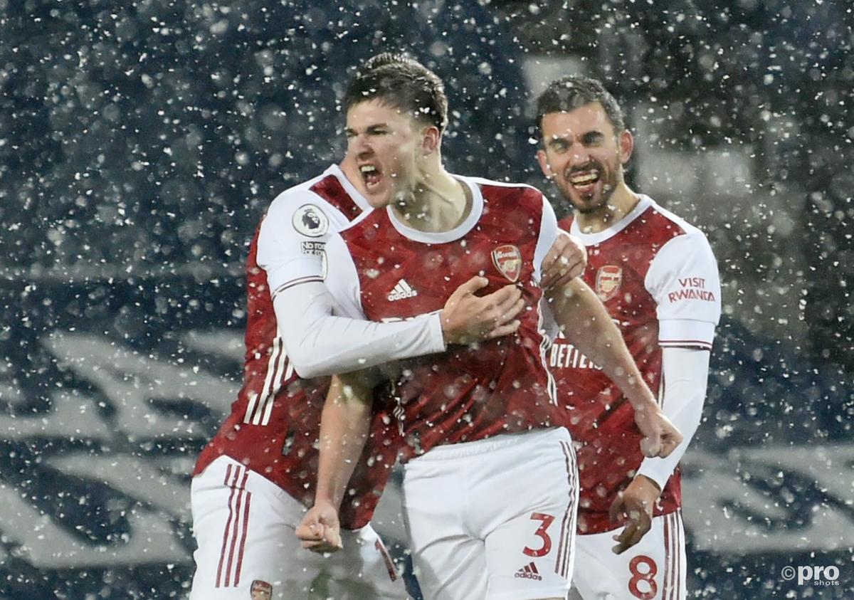 Arsenal's Kieran Tierney celebrates scoring against WBA in the Premier League, 2020/21