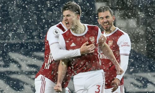 Arsenal's Kieran Tierney celebrates scoring against WBA in the Premier League, 2020/21