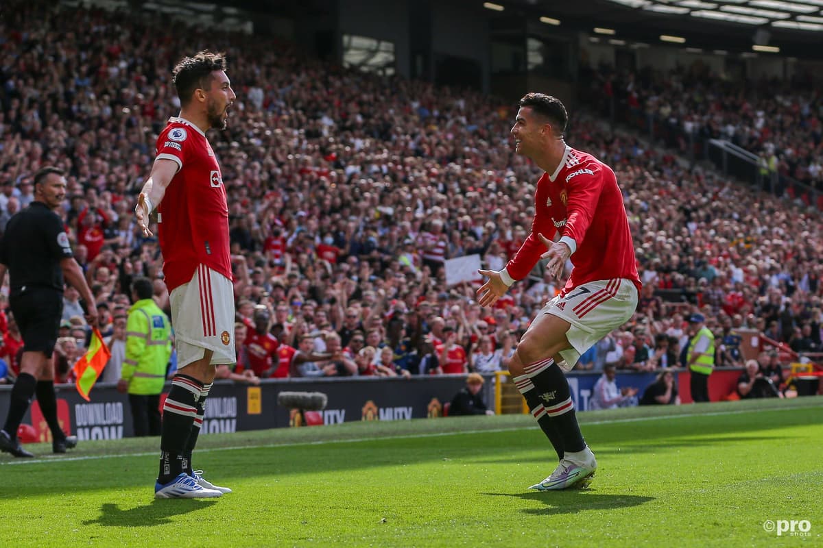 Alex Telles celebrating a goal for Man Utd with Cristiano Ronaldo