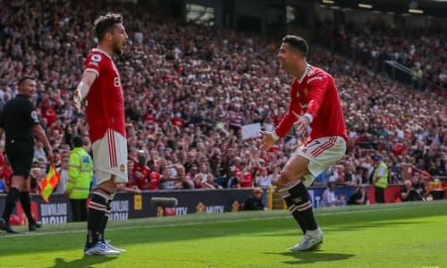 Alex Telles celebrating a goal for Man Utd with Cristiano Ronaldo