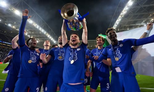 Jorginho of Chelsea holds 2021 Champions League trophy