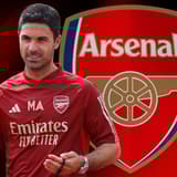 Mikel Arteta and the Arsenal badge on a red and black abstract background