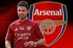 Mikel Arteta and the Arsenal badge on a red and black abstract background