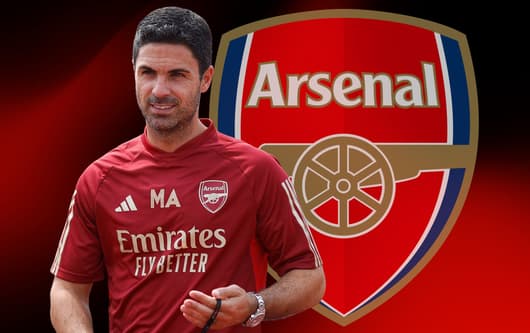 Mikel Arteta and the Arsenal badge on a red and black abstract background