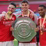Declan Rice, Kai Havertz and Jurrien Timber of Arsenal