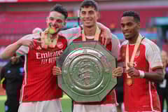 Declan Rice, Kai Havertz and Jurrien Timber of Arsenal