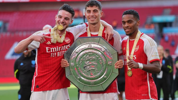 Timber celebrates Arsenal's Community Shield victory over Manchester City with fellow summer signings Declan Rice and Kai Havertz