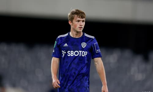 Joe Gelhardt playing for Leeds United in a League Cup match against Fulham at Craven Cottage in 2021.