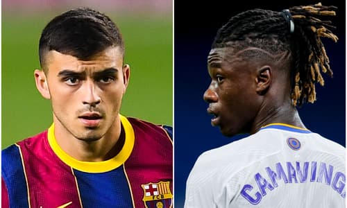 Barcelona midfield Pedri and Real Madrid midfielder Eduardo Camavinga