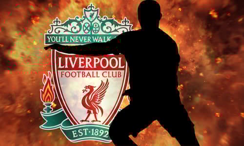 A silhouette of Thiago and the Liverpool badge on a background of an orange explosion