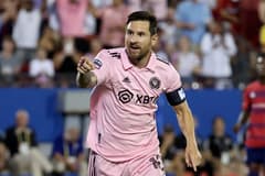 Lionel Messi celebrates scoring for Inter Miami against FC Dallas, 2023