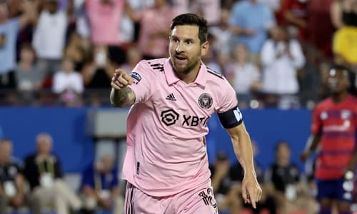 Lionel Messi celebrates scoring for Inter Miami against FC Dallas, 2023