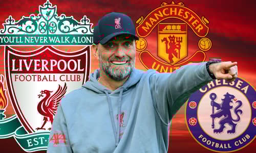 Jurgen Klopp with the Liverpool, Manchester United and Chelsea badges, set against a red sky background