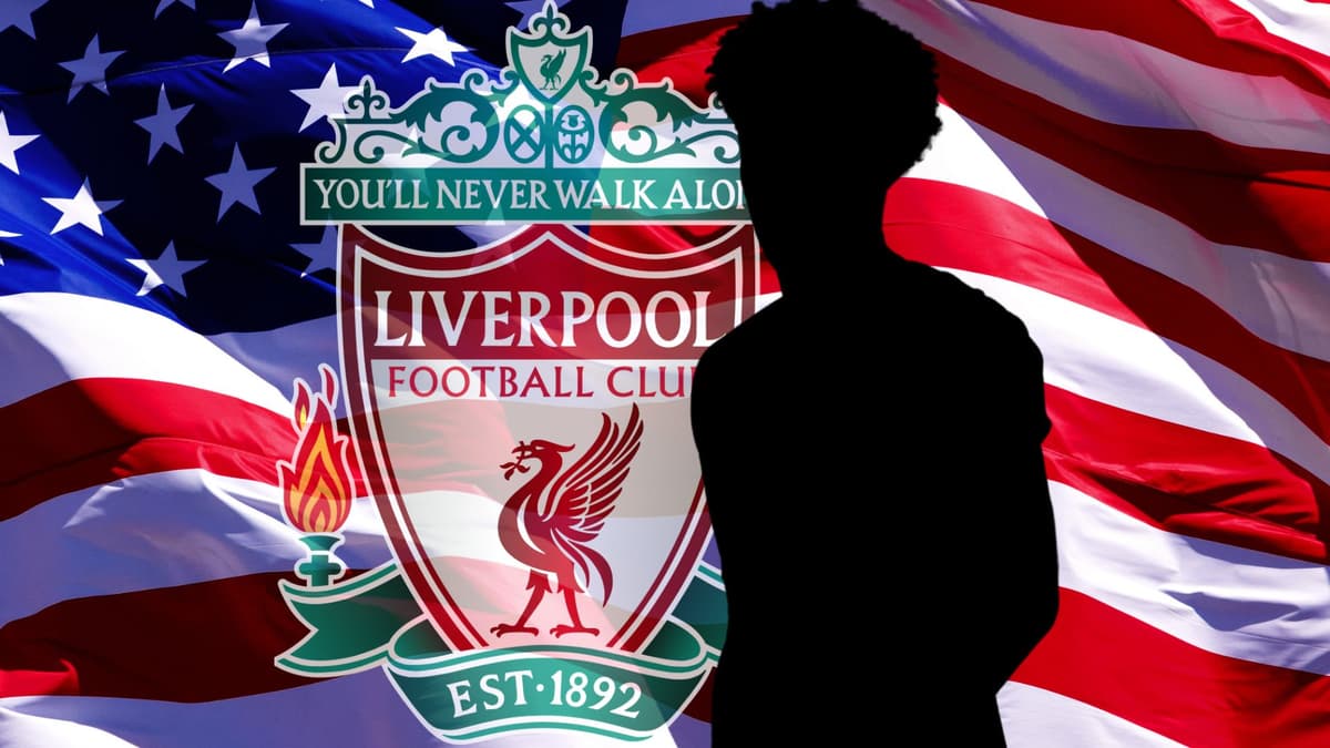The Liverpool badge and a silhouette of Tyler Adams on a background of the flag of the USA