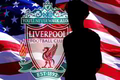 The Liverpool badge and a silhouette of Tyler Adams on a background of the flag of the USA