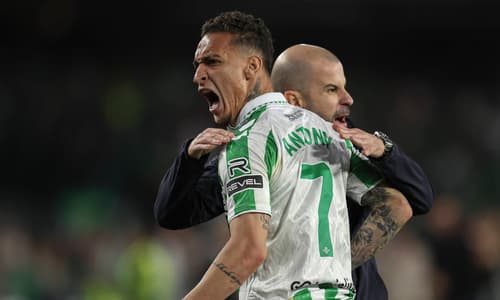 On-loan Man Utd winger Antony celebrates Real Betis' win over Sevilla, 2024/25