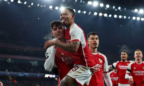 Gabriel Jesus celebrates an Arsenal goal against Lens in the Champions League (2023/24)
