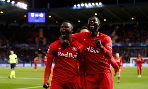 New Leicester signing Patson Daka celebrates scoring to Red Bull Salzburg