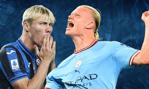 Rasmus Hojlund and Erling Haaland on a blue abstract background