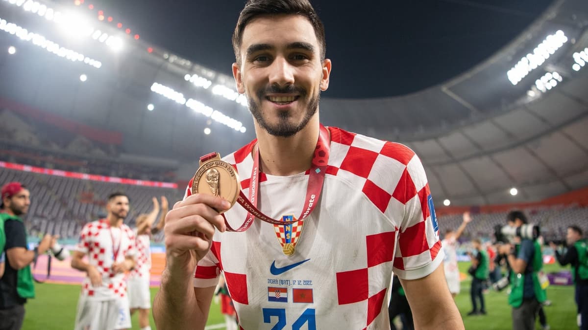 Josip Sutalo of Dinamo Zagreb and Croatia celebrates with his third place medal at the World Cup 2022