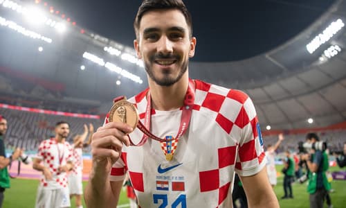Josip Sutalo of Dinamo Zagreb and Croatia celebrates with his third place medal at the World Cup 2022