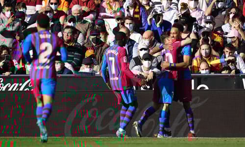 Aubameyang celebrates scoring for Barcelona, 2021/22