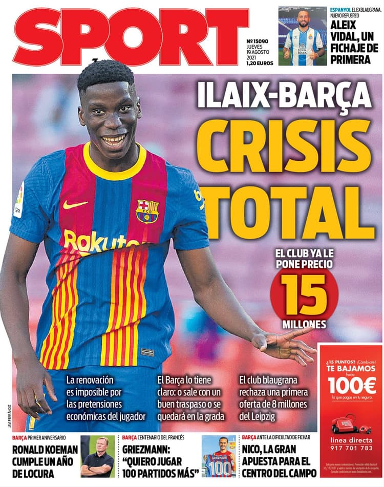 Barcelona's Ilaix Moriba on the cover of Sport