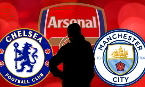 A black silhouette of Ethan Nwaneri in front of the Arsenal, Chelsea and Manchester City badges, set against a red abstract background