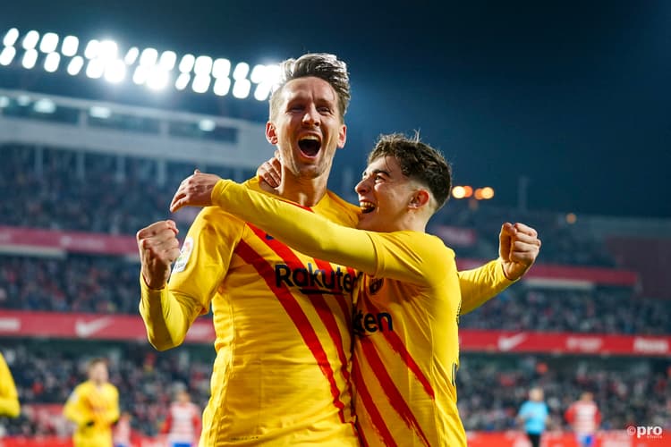 Gavi celebrating a goal with Luuk de Jong