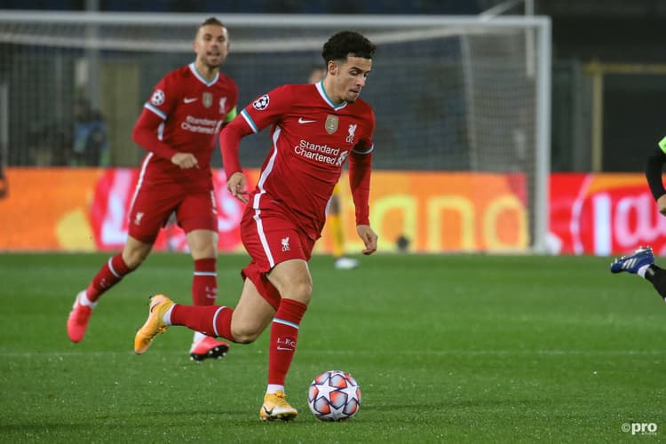 Curtis Jones dribbles forward for Liverpool in a Champions League match against Atalanta in 2020. 