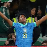 Endrick celebrates scoring for Brazil against England at Wembley