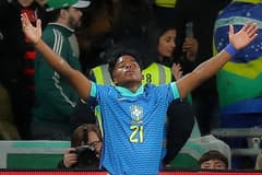 Endrick celebrates scoring for Brazil against England at Wembley
