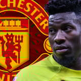 Andre Onana and the Manchester United badge on a red abstract background