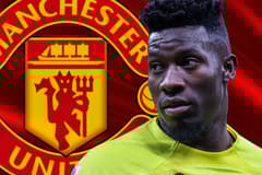 Andre Onana and the Manchester United badge on a red abstract background