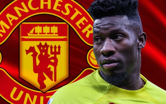 Andre Onana and the Manchester United badge on a red abstract background