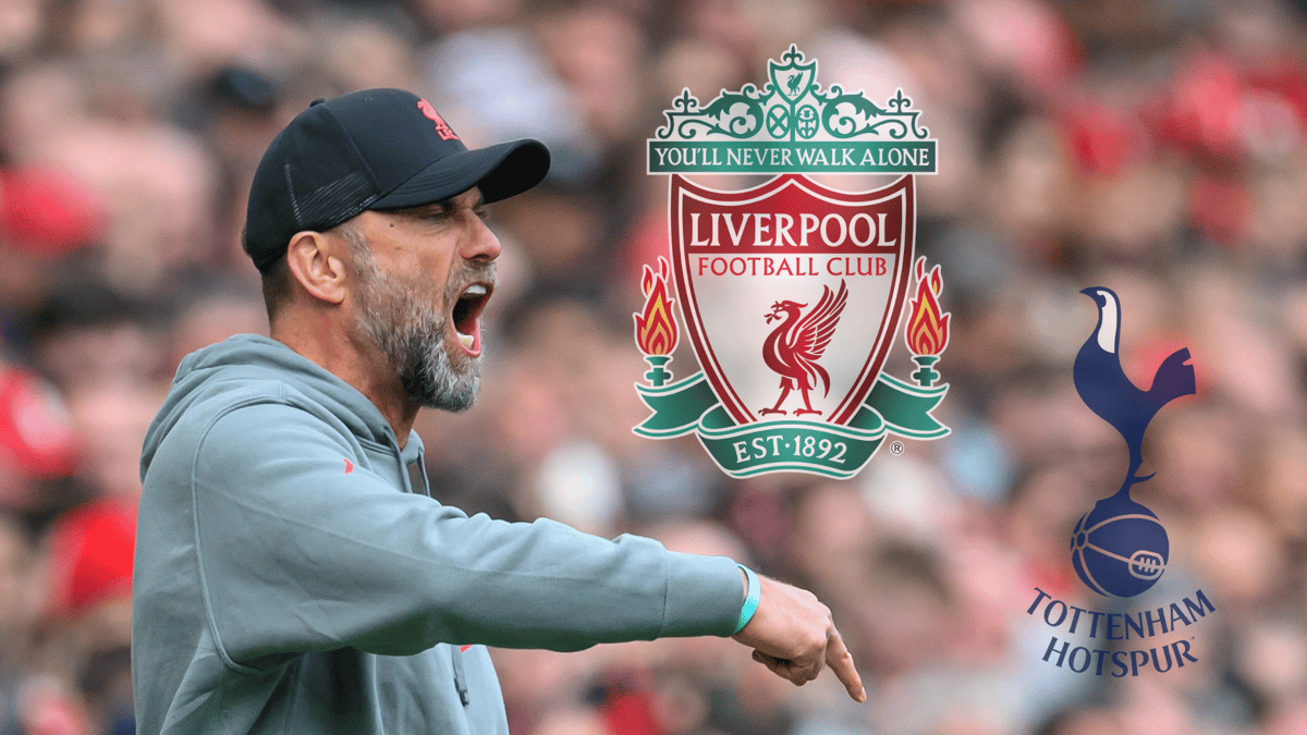 Jurgen Klopp next to the Liverpool and Tottenham badges