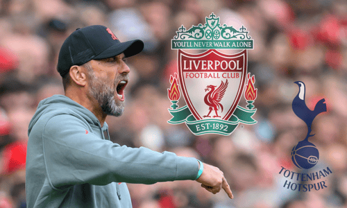 Jurgen Klopp next to the Liverpool and Tottenham badges