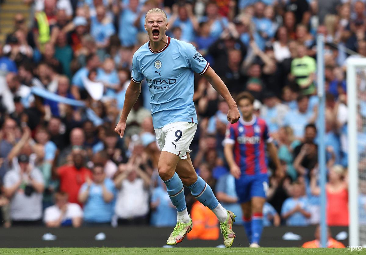 Erling Haaland celebrates his hat-trick for Man City against Palace