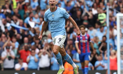 Erling Haaland celebrates his hat-trick for Man City against Palace
